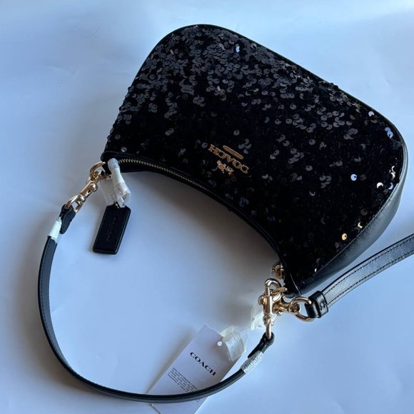 COACH CO951 Teri Shoulder Bag In Sequins And Smooth Leather Gold/Black - Picture 10 of 15